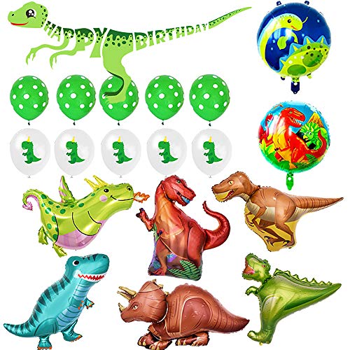 Globo Dinosaurio de Decoración para Fiesta,Paquete Completo incluye Dinosaurios Grande x8 más Pelotas Dinosaurios x10 y Un Chulo Happy Birthday Dino Banner,Regalo Ideal para Decorar Un Cumple