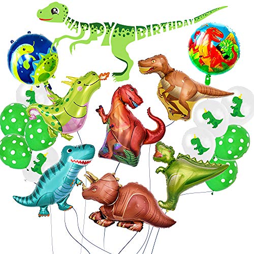 Globo Dinosaurio de Decoración para Fiesta,Paquete Completo incluye Dinosaurios Grande x8 más Pelotas Dinosaurios x10 y Un Chulo Happy Birthday Dino Banner,Regalo Ideal para Decorar Un Cumple