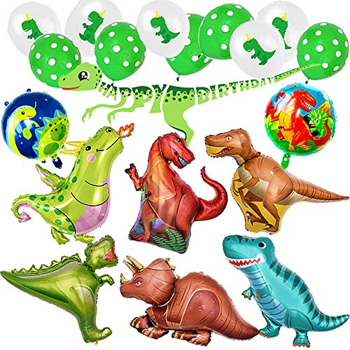 Globo Dinosaurio de Decoración para Fiesta,Paquete Completo incluye Dinosaurios Grande x8 más Pelotas Dinosaurios x10 y Un Chulo Happy Birthday Dino Banner,Regalo Ideal para Decorar Un Cumple