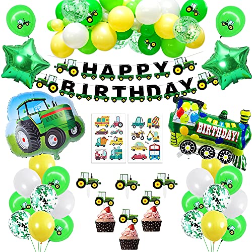 Globos Cumpleaños Niño 2 Años,Tractor Decoracion Cumpleaños con Tractor Tren Globo de Aluminio Banner de Feliz Cumpleaños Látex Globos de Confeti para Niño Cumpleaños 1Años 2 Años Baby Shower