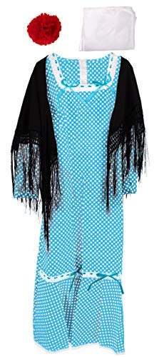 Gojoy Shop - Disfraz de chulapa madrileña para niñas, contiene: vestido, mantón, pañuelo y clavel. (2 colores y 7 tallas diferentes.) (AZUL, 10-12 AÑOS)