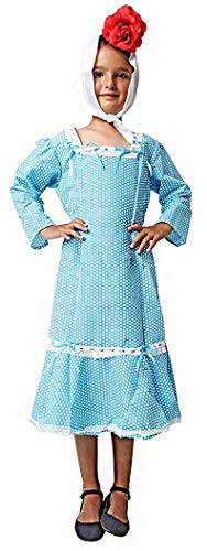 Gojoy Shop - Disfraz de chulapa madrileña para niñas, contiene: vestido, mantón, pañuelo y clavel. (2 colores y 7 tallas diferentes.) (AZUL, 10-12 AÑOS)