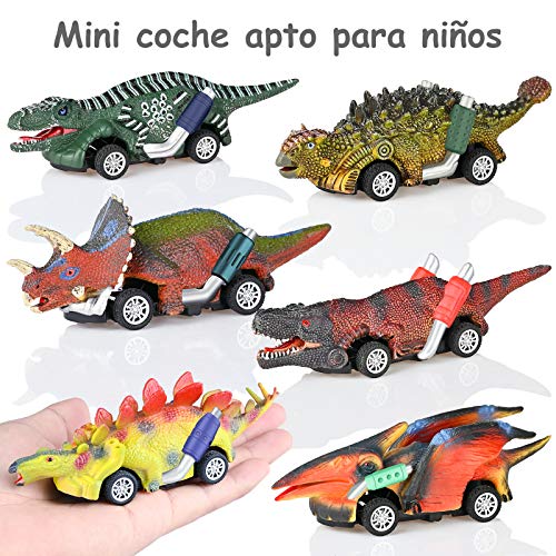 GOLDGE 6pz Coche de Juguete de Dinosaurios para Niños, 3 4 5+ Años Coches de Dinosaurios y 6pz Pegatina Tatuaje de Patrón de Dinosaurio Juguetes Vehículos Dinosaurios Juguetes Animales Juguetes