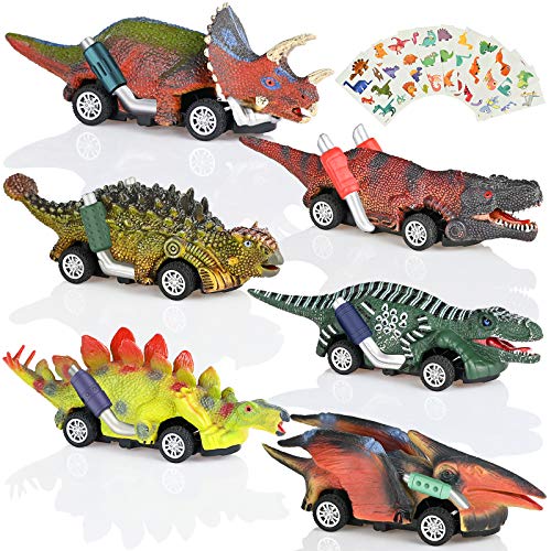 GOLDGE 6pz Coche de Juguete de Dinosaurios para Niños, 3 4 5+ Años Coches de Dinosaurios y 6pz Pegatina Tatuaje de Patrón de Dinosaurio Juguetes Vehículos Dinosaurios Juguetes Animales Juguetes