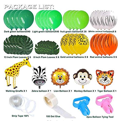 GuassLee Kit de guirnalda de globos de fiesta con temática de safari, paquete de 151 unidades con globos de animales y hojas de palma, para niños, fiesta de cumpleaños, decoración de baby shower