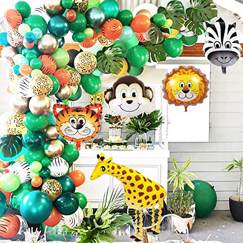 GuassLee Kit de guirnalda de globos de fiesta con temática de safari, paquete de 151 unidades con globos de animales y hojas de palma, para niños, fiesta de cumpleaños, decoración de baby shower