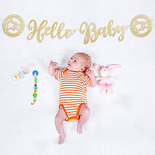 Guirnalda Hello Baby Banner Decoración Banderín Baby Shower Papel Bandera con Brillo Color Dorado DIY Cartulina para Fiesta Infantil Bautizo Cumpleaños Niños (Dorado)