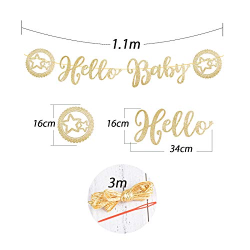 Guirnalda Hello Baby Banner Decoración Banderín Baby Shower Papel Bandera con Brillo Color Dorado DIY Cartulina para Fiesta Infantil Bautizo Cumpleaños Niños (Dorado)