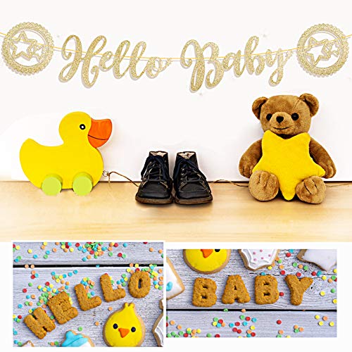 Guirnalda Hello Baby Banner Decoración Banderín Baby Shower Papel Bandera con Brillo Color Dorado DIY Cartulina para Fiesta Infantil Bautizo Cumpleaños Niños (Dorado)