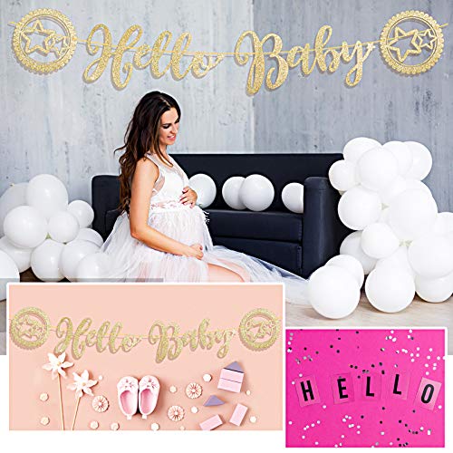 Guirnalda Hello Baby Banner Decoración Banderín Baby Shower Papel Bandera con Brillo Color Dorado DIY Cartulina para Fiesta Infantil Bautizo Cumpleaños Niños (Dorado)