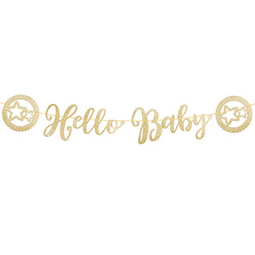 Guirnalda Hello Baby Banner Decoración Banderín Baby Shower Papel Bandera con Brillo Color Dorado DIY Cartulina para Fiesta Infantil Bautizo Cumpleaños Niños (Dorado)