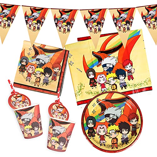 Gxhong Suministros de Fiesta Naruto Temáticos, Naruto vajilla para Fiesta de cumpleaños, decoración de Mesa de cumpleaños para niños, Pancarta Platos Tazas Servilletas Mantel Paja, 52 Piezas