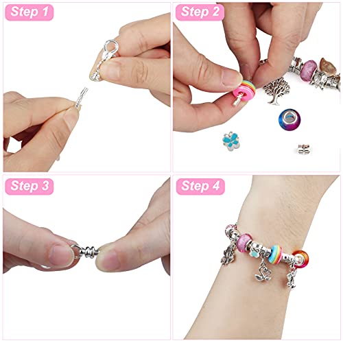 Hacer Pulseras Niñas Kit de Fabricación de Pulseras para Niñas, kit para Hacer Pulseras Juegos de Manualidades Niñas con 3 Cadenas Plateadas, 52 Cuentas y Colgantes, 1 Caja, Niña Regalo de 6 a 12 Años