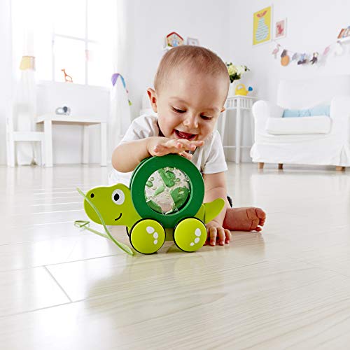 Hape Arrastre Tito la Tortuga - Tortuga de Madera con Caparazón con Remolino Juguete para Pasear para Niñas y Niños Pequeños, Verde