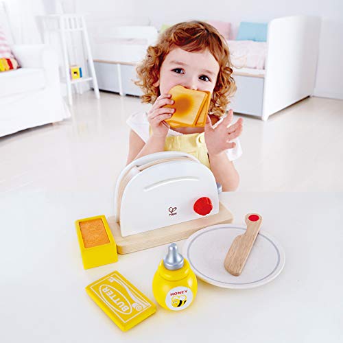 Hape International Tostadora de Salto, Set de Juguetes de Cocina con Accesorios de Desayuno para Niños y Niñas