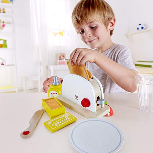 Hape International Tostadora de Salto, Set de Juguetes de Cocina con Accesorios de Desayuno para Niños y Niñas