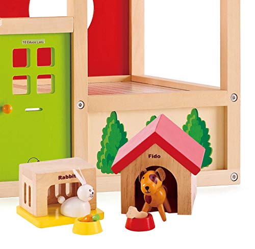 Hape Mascotas Juego de Animales con Casa, Completa tu Casa de Muñecas de Madera con el Alegre Set de Perro, Gato y Conejo con Casas y Cuencos de Comida