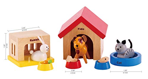 Hape Mascotas Juego de Animales con Casa, Completa tu Casa de Muñecas de Madera con el Alegre Set de Perro, Gato y Conejo con Casas y Cuencos de Comida