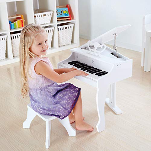 Hape Piano de Cola de Lujo, Piano de juguete de treinta teclas con taburete, Teclado Electrónico de Juguete para Niños y Niñas a Partir de 3 Años, Blanco