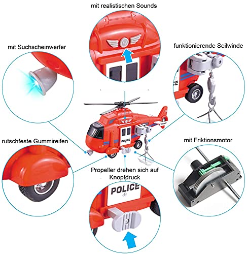 Helicóptero juguete con sonido, hélice, cabrestante funcional y faro de búsqueda.