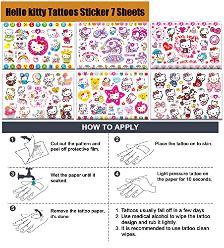 Hello Kitty Tatuajes temporales niños Falso Tatuaje Temporal Pegatinas Tatoos Infantiles Chicos Fiestas cumpleaños de niños Regalo piñata, 7 Hojas