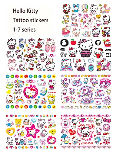 Hello Kitty Tatuajes temporales niños Falso Tatuaje Temporal Pegatinas Tatoos Infantiles Chicos Fiestas cumpleaños de niños Regalo piñata, 7 Hojas