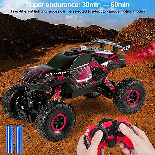 Herefun Coche Teledirigido, RC Coche con Luz LED, 4WD Coche Teledirigido Niños, RC Coche de Carreras de Alta Velocidad Todoterreno Recargable para Niños Cumpleaños Regalo (Rojo)