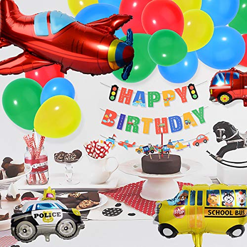 Herefun Decoraciones de Fiesta de Cumpleaños, Globos de Latex Feliz Cumpleaños Banner Transporte Tema Avión Tren Coche de Policía Autobús Escolar Yate Camión de Bomberos Niño Cumpleaños Baby Shower