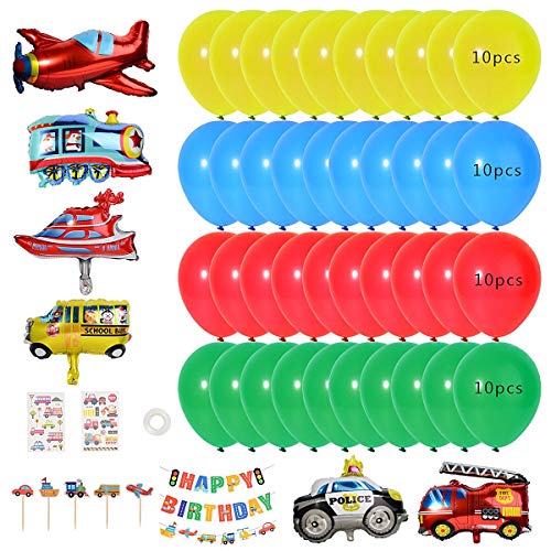 Herefun Decoraciones de Fiesta de Cumpleaños, Globos de Latex Feliz Cumpleaños Banner Transporte Tema Avión Tren Coche de Policía Autobús Escolar Yate Camión de Bomberos Niño Cumpleaños Baby Shower