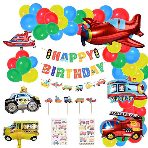 Herefun Decoraciones de Fiesta de Cumpleaños, Globos de Latex Feliz Cumpleaños Banner Transporte Tema Avión Tren Coche de Policía Autobús Escolar Yate Camión de Bomberos Niño Cumpleaños Baby Shower