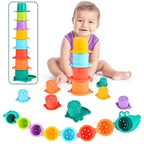 Herefun Juguete Taza Apilable, 8 Piezas Taza de Juguete para Bebé, Torre Apilable para Niños Juguete de Playa y Baño Juguete Montessori para Clasificar y Apilar Niños Regalo (Color Aleatorio)