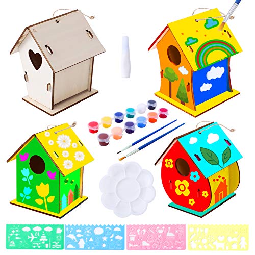 Herefun Kit de Casa de Pájaros de Bricolaje, 4 Pcs Casas de Pájaros de Madera Kit de casa de pájaros de Bricolaje Casa de Pájaros Madera Manualidades Wooden Birdhouse Regalo para Niños y Niñas