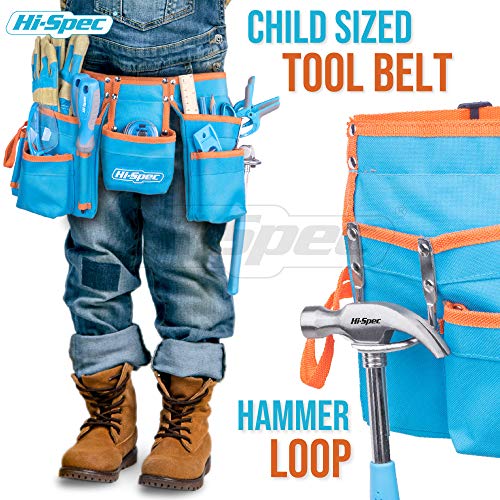 Hi-Spec Juego de Herramientas Azul para niños de 16 Piezas con cinturón de Herramientas. Herramientas Reales de Metal para niños y Principiantes Que Incluyen Guantes de Trabajo, Gafas y más