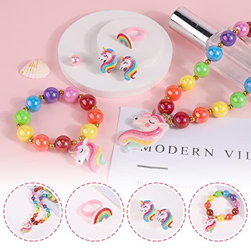 HIFOT Brillo Unicornio Bolso Niña Joyas Set, Unicorn Pulsera Collar Anillo Aretes Bolso Crossbody Princesa Conjunto para Regalo de Fiesta de Cumpleaños