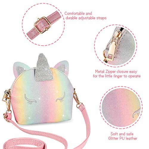 HIFOT Brillo Unicornio Bolso Niña Joyas Set, Unicorn Pulsera Collar Anillo Aretes Bolso Crossbody Princesa Conjunto para Regalo de Fiesta de Cumpleaños