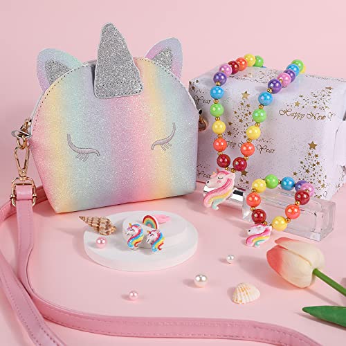 HIFOT Brillo Unicornio Bolso Niña Joyas Set, Unicorn Pulsera Collar Anillo Aretes Bolso Crossbody Princesa Conjunto para Regalo de Fiesta de Cumpleaños