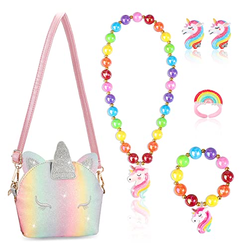 HIFOT Brillo Unicornio Bolso Niña Joyas Set, Unicorn Pulsera Collar Anillo Aretes Bolso Crossbody Princesa Conjunto para Regalo de Fiesta de Cumpleaños