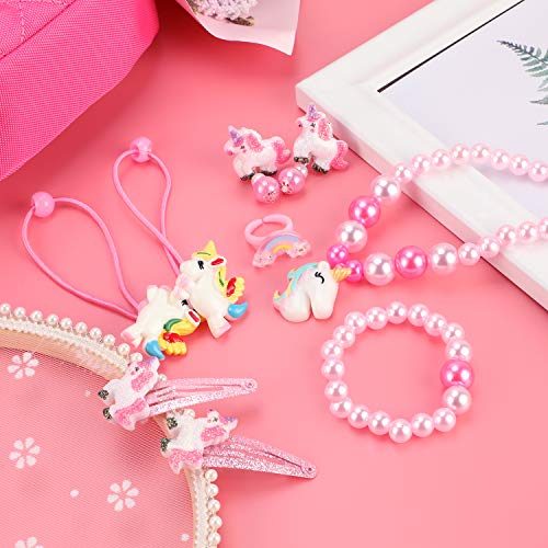 Hifot Unicornio Niñas Bolso Joyas Collar Pulsera Anillo Pendientes Gomas del Pelo Pinza Set, Princesa Joya Regalo Fiesta Accesorios Vestido Dress up