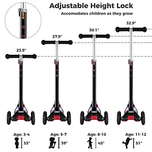 Hikole Patinete 3 Led Ruedas para 3 a 12 Años Patinete Ajustable, Diseño Plegable, Manillar Ajustable, Carga Máxima de 110lb