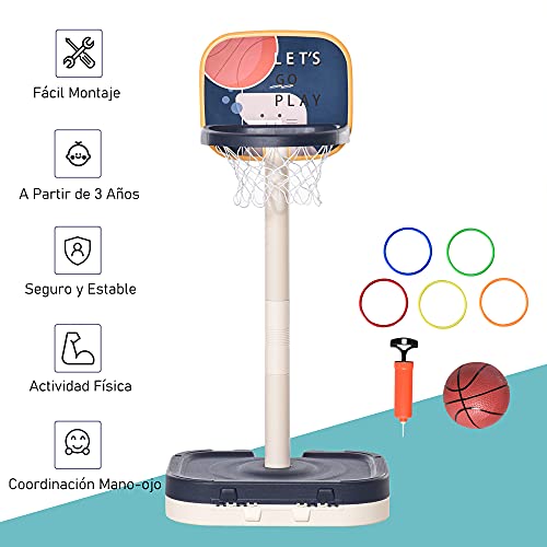 HOMCOM 2 en 1 Canasta de Baloncesto para Niños y Juego de Lanzamiento de Anillos Portátil con Aro Ajustable de 96-110 cm Accesorios Incluidos 58,5x56x122-137 cm Multicolor