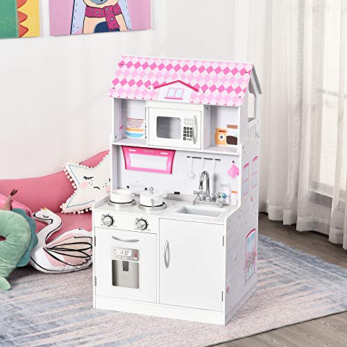 HOMCOM 2 en 1 Cocinita de Juguete para Niños Casa de Muñecas 3 Pisos con Espacio de Almacenaje 12 Accesorios Incluidos Juego de rol 60x48x106 cm Rosa