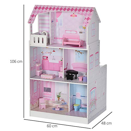 HOMCOM 2 en 1 Cocinita de Juguete para Niños Casa de Muñecas 3 Pisos con Espacio de Almacenaje 12 Accesorios Incluidos Juego de rol 60x48x106 cm Rosa