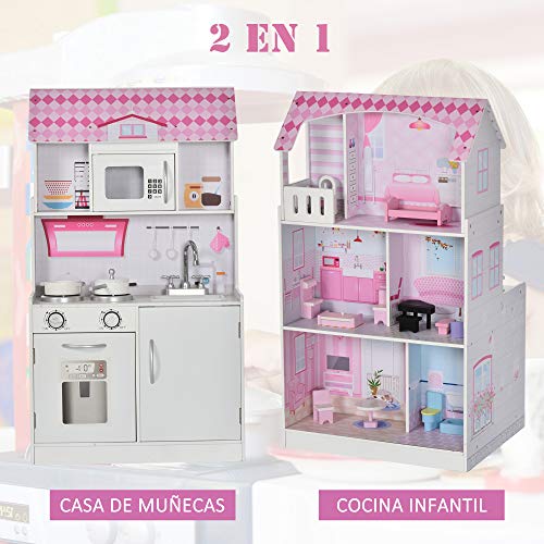 HOMCOM 2 en 1 Cocinita de Juguete para Niños Casa de Muñecas 3 Pisos con Espacio de Almacenaje 12 Accesorios Incluidos Juego de rol 60x48x106 cm Rosa