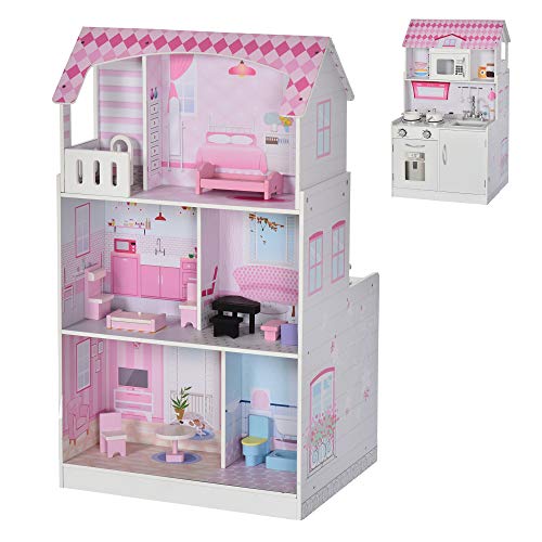 HOMCOM 2 en 1 Cocinita de Juguete para Niños Casa de Muñecas 3 Pisos con Espacio de Almacenaje 12 Accesorios Incluidos Juego de rol 60x48x106 cm Rosa