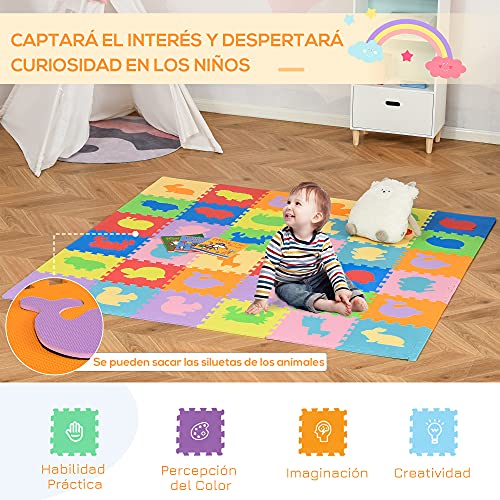 HOMCOM Alfombra Puzzle para Bebés 36 Piezas 31,5x31,5 cm Juego Rompecabezas Infantil Modelo de Animales Suelo de Espuma EVA Área de Cobertura 3,24 m² Multicolor