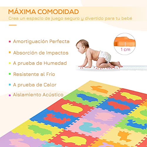 HOMCOM Alfombra Puzzle para Bebés 36 Piezas 31,5x31,5 cm Juego Rompecabezas Infantil Modelo de Animales Suelo de Espuma EVA Área de Cobertura 3,24 m² Multicolor