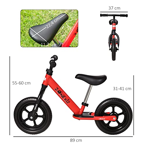 HOMCOM Bicicleta sin Pedales para Niños de +3 Años con Sillín y Manillar Ajustables Bicicleta de Equilibrio Infantil con Estructura de Acero 89x37x55-60 cm Rojo