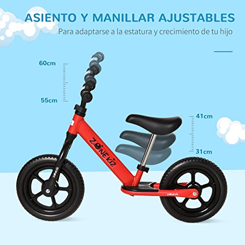 HOMCOM Bicicleta sin Pedales para Niños de +3 Años con Sillín y Manillar Ajustables Bicicleta de Equilibrio Infantil con Estructura de Acero 89x37x55-60 cm Rojo