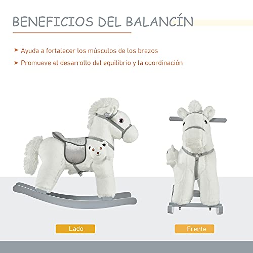 HOMCOM Caballito Balancín para Niños de 18-36 Meses Caballo Mecedora Felpa con Osito de Peluche Sonidos de Relincho y Galope Base de Madera 65x26x55 cm Blanco