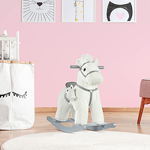 HOMCOM Caballito Balancín para Niños de 18-36 Meses Caballo Mecedora Felpa con Osito de Peluche Sonidos de Relincho y Galope Base de Madera 65x26x55 cm Blanco